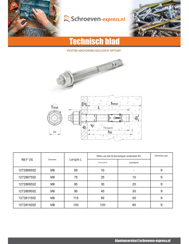 1 x Bout Verankering R-XPT M8X115 Wit verzinkt...