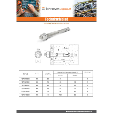 1 x Bout Verankering R-XPT M8X115 Wit verzinkt staal RAWLPLUG