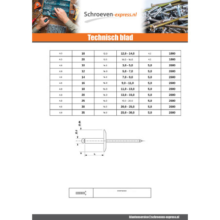 1 x Blindklinknagels Aluminium stang stål 4X16 spandikte 10 to 12 extra brede ALX