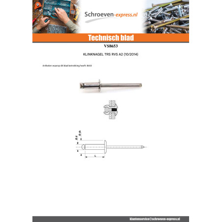 1 x Blindklinknagel Volledig RVS Standaard ronde kop 2.4X6'D' spandikte 2 to 4