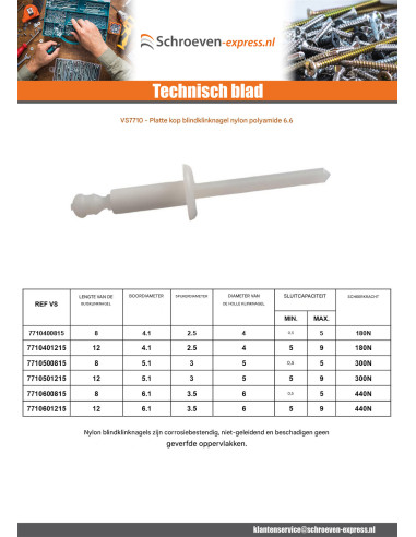 1 x Klinknagel blind kop plat Nylon polyamide...