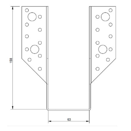 1 x Balkdrager U-vormig to Flenzen / Zijflappen buitenkant 63X158 Zwart gegalvaniseerd staal