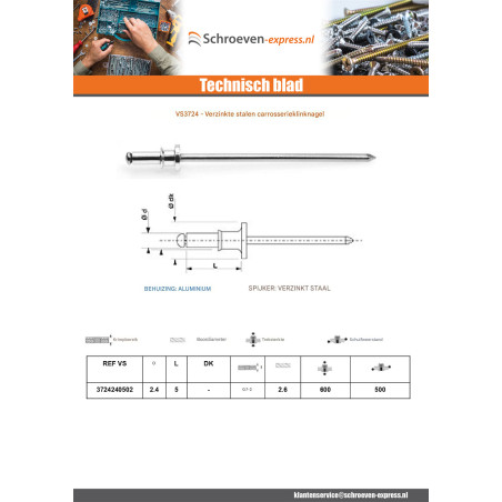 1 x Carrosserie klinknagel Wit verzinkt staal 2.4X5 spandikte 0,7 to 2