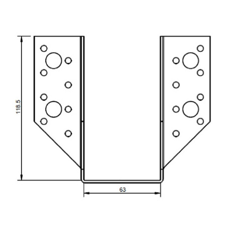 1 x Balkdrager U-vormig to Flenzen / Zijflappen buitenkant 63X118 Zwart gegalvaniseerd staal