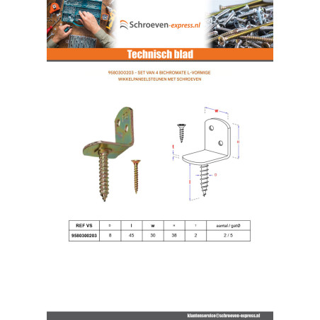 1 x Set van 4 L-vormige beugels voor geweven panelen met schroeven 30X2 Bichromaat