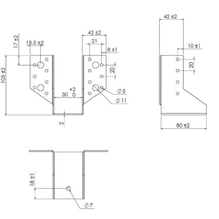 1 x Balkdrager U-vormig to Flenzen / Zijflappen buitenkant 50X100 Zwart gegalvaniseerd staal