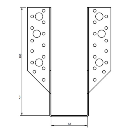 1 x Balkdrager U-vormig to Flenzen / Zijflappen buitenkant 63X188 Zwart gegalvaniseerd staal