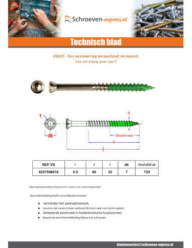 1 x Terrasschroeven gefreesde kop TORX T25...