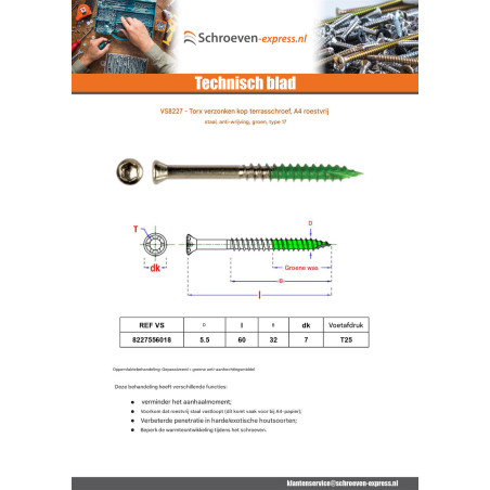 1 x Terrasschroeven gefreesde kop TORX T25 5,5X60 bedraad op 32 A4 RVS anti-wrijving Groen