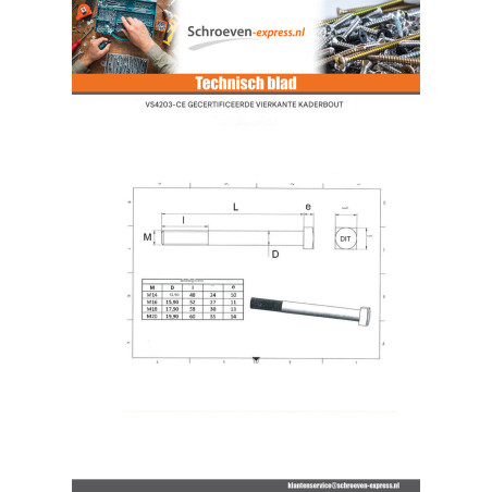 1 x Bout (verkocht met moer) houtconstructie M20X325 vierkante kop 35x35x14 Wit verzinkt staal