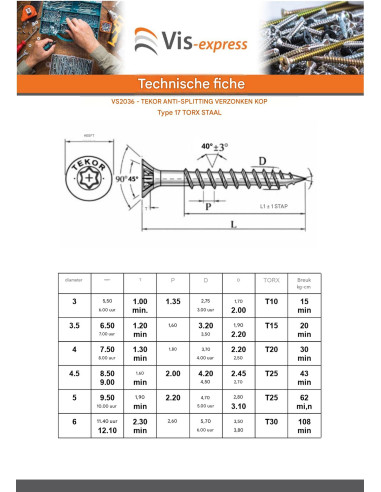 1 x TEKOR houtschroeven gefreesde kop kartel...