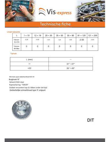 1 x TEKOR houtschroeven gefreesde kop kartel...