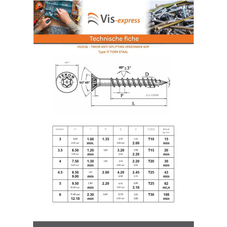 1 x TEKOR houtschroeven gefreesde kop kartel 6X200 bedraad op 70 TORX T30 Wit verzinkt staal anti-splijtpunt type 17 cut