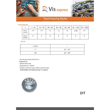 1 x TEKOR houtschroeven gefreesde kop kartel 6X200 bedraad op 70 TORX T30 Wit verzinkt staal anti-splijtpunt type 17 cut