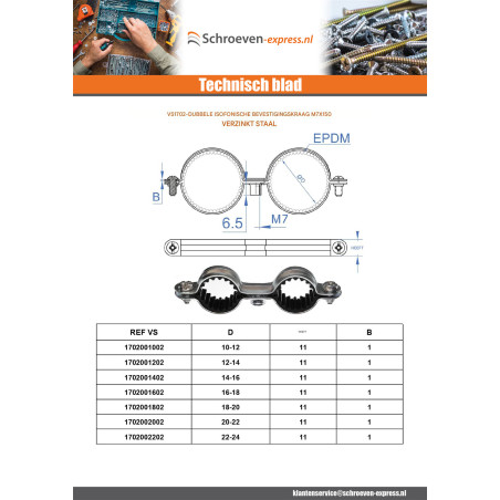 1 x Dubbele geluidsisolerende bevestigingskraag M7X150 diameter 14 Wit verzinkt staal