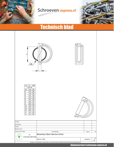 1 x Pin clips 8X60 voor Buis Bichromaat