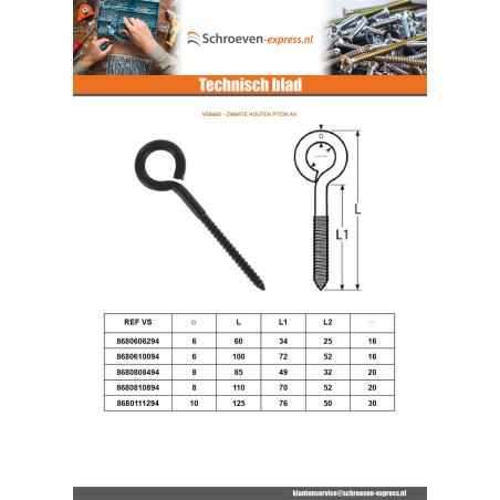 1 x Oogschroef hout A4 RVS Zwart 6X62 bedraad op 25 oog 16