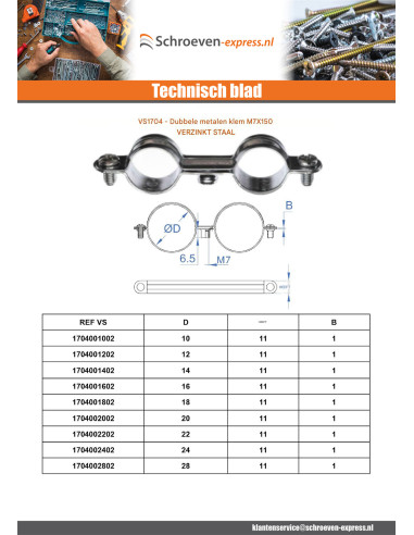 1 x Dubbele metalen slangklem M7X150 diameter...