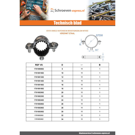 1 x Eenvoudige geluidsisolerende bevestigingskraag M7X150 diameter 32 Wit verzinkt staal