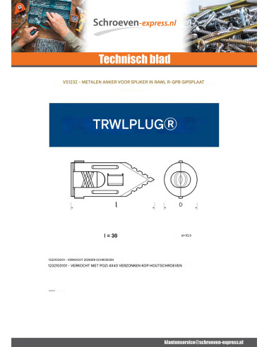 1 x Spijkerplug voor gipsplaten 10,5X30 met...