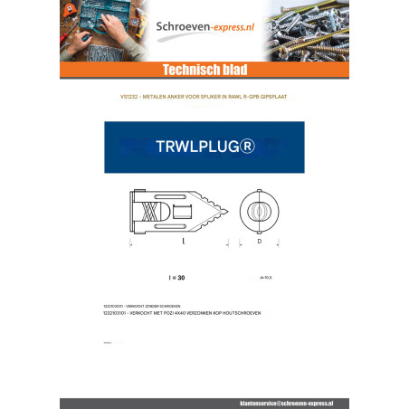 1 x Spijkerplug voor gipsplaten 10,5X30 met Schroeven RAWLPLUG