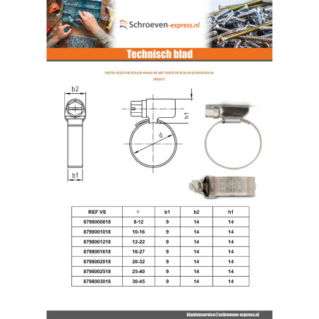 1 x Slangklem RVS W5 diameter 20 to 32 bandbreedte 9