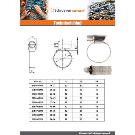 1 x Slangklem RVS W5 diameter 20 to 32 bandbreedte 9