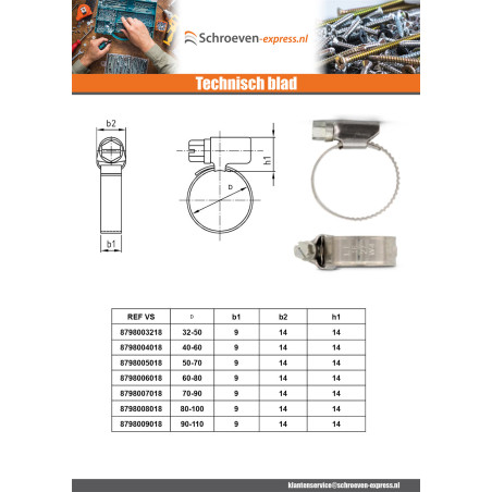 1 x Slangklem RVS W5 diameter 50 to 70 bandbreedte 9