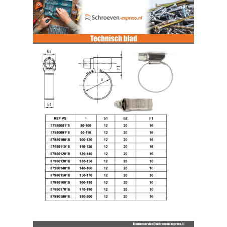 1 x Slangklem RVS W5 diameter 100 to 120 bandbreedte 12