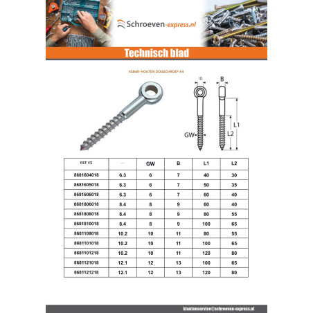 1 x Oogbout hout 8X100 bedraad op 65 oog 8.4 A4 RVS