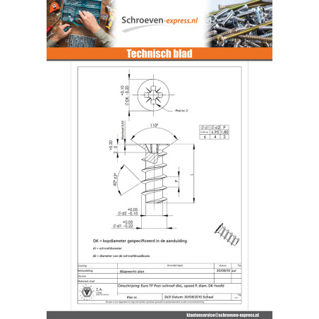 1 x Euroschroef gefreesde kop Pozi 6X20 kopdiameter 10 Wit verzinkt staal to