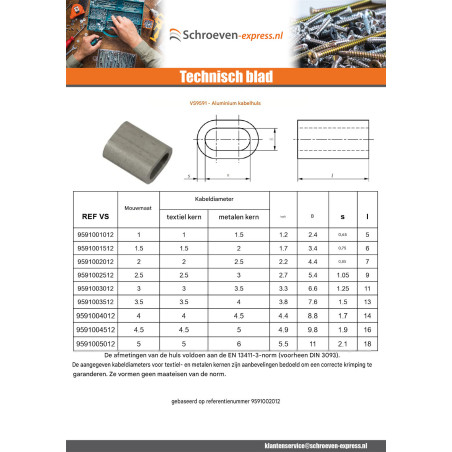 1 x Krimphuls Aluminium voor kabel textielkern diameter 6 en metalen kern diameter 5