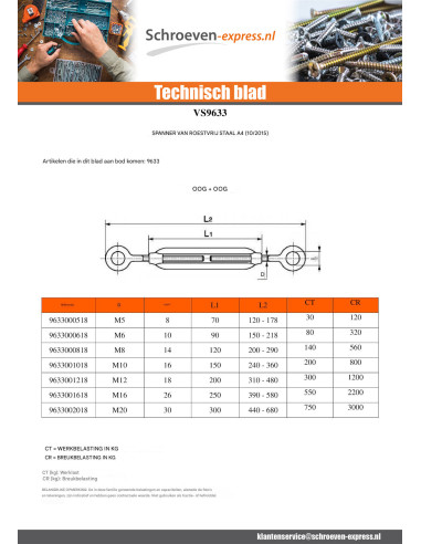 1 x Spanner haak haak M12X200 A4 RVS
