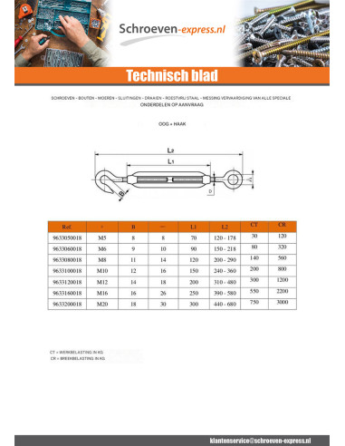 1 x Spanner haak haak M6X90 A4 RVS