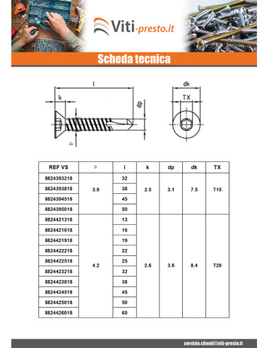 1 x Zelfborende schroef gefreesde kop 4.2X45...