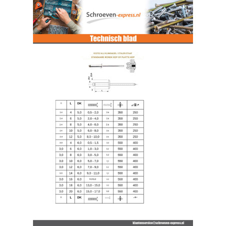 1 x Blindklinknagels Aluminium stang stål 4,8 x 100 spandikte 85 to 90 Standaard ronde kop