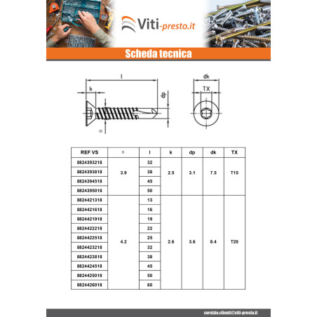 1 x Zelfborende schroef gefreesde kop 4.2X38 TORX T20 RVS AISI 410