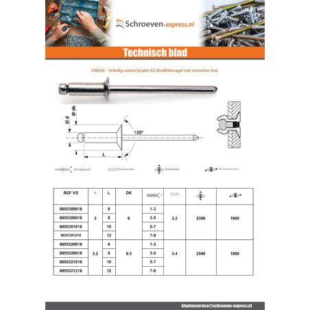 1 x Blindklinknagel Volledig RVS gefreesde kop 3X6 spandikte 1 to 3