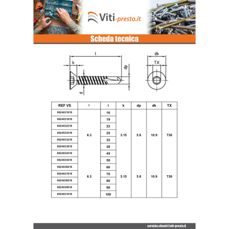 1 x Zelfborende schroef gefreesde kop 5,5X50 TORX T25 RVS AISI 410