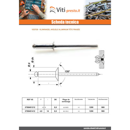 1 x Blinde klinknagel, volledig aluminium 4X12 spandikte 6 to 8 gefreesde kop JOUW