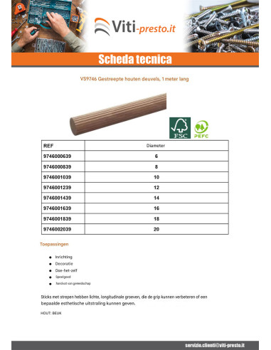 1 x Geribbelde houten pin diameter 18 lengte 1...