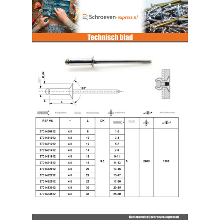 1 x Blindklinknagels Aluminium stang stål 3.2X10 spandikte 5 to 7 gefreesde kop ALX