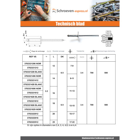 1 x Blindklinknagels Aluminium stang stål 3.2X8 spandikte 3 to 5 Standaard ronde kop ALX