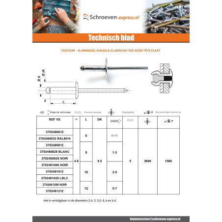 1 x Blindklinknagels Aluminium stang stål 4.8X18 Standaard ronde kop Zwart