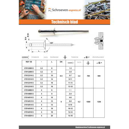1 x Blindklinknagels Aluminium stang stål 4X18 spandikte 12 to 14 gefreesde kop ALX