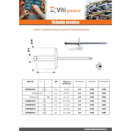 1 x Blinde klinknagel, volledig aluminium 4.8X20 spandikte 13 to 15 extra brede JOUW