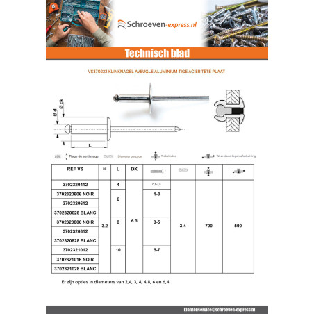 1 x Blindklinknagels Aluminium stang stål 3.2X18 spandikte 13 to 15 Standaard ronde kop Zwart