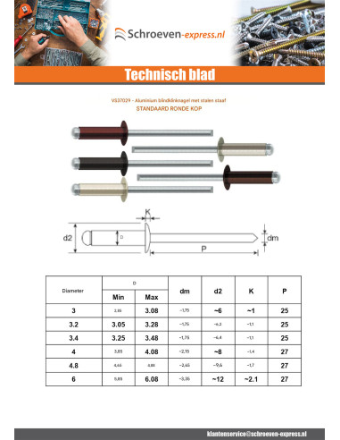 1 x Blindklinknagels Aluminium stang stål...