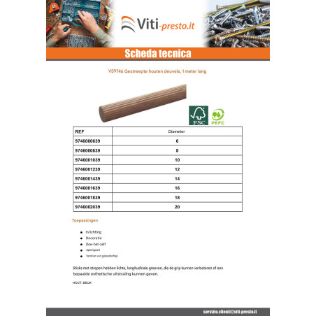 1 x Geribbelde houten pin diameter 20 lengte 1 meter