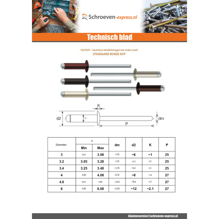 1 x Blindklinknagels Aluminium stang stål 4X16 spandikte 10 to 12 Standaard ronde kop RAL8017 chocolade bruin